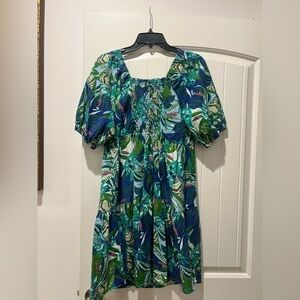 Mlle Gabrielle Blue and Green Leaf-Print Midi Dress